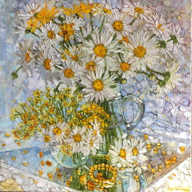 Schilderij getiteld "Chamomile in amber" door Olga Sedykh, Origineel Kunstwerk, Olie