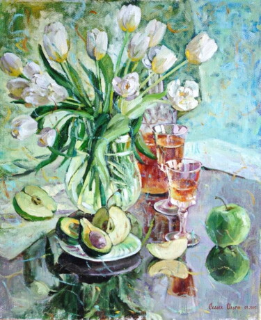 Картина под названием "White tulips" - Olga Sedykh, Подлинное произведение искусства, Масло