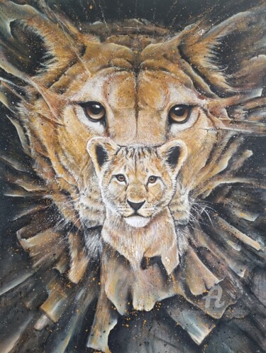 Painting titled "La lionne et son li…" by Tolliac, Original Artwork, Oil