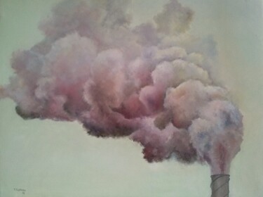 Painting titled "Humo industrial" by Tomás Castaño, Original Artwork, Oil Mounted on Wood Stretcher frame