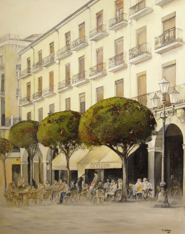 Pittura intitolato "Plaza mayor- Cafete…" da Tomás Castaño, Opera d'arte originale, Olio