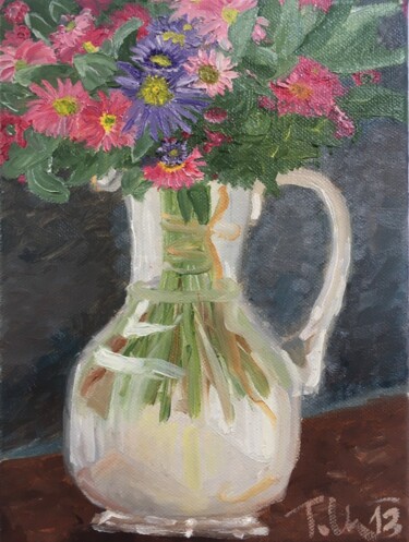 Painting titled "Flowers in a Vase" by Tomas Mudra, Original Artwork, Oil Mounted on Wood Stretcher frame