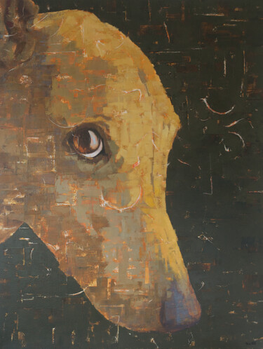 Painting titled "SHY DOG II" by Tomasa Martin, Original Artwork, Oil Mounted on Wood Stretcher frame