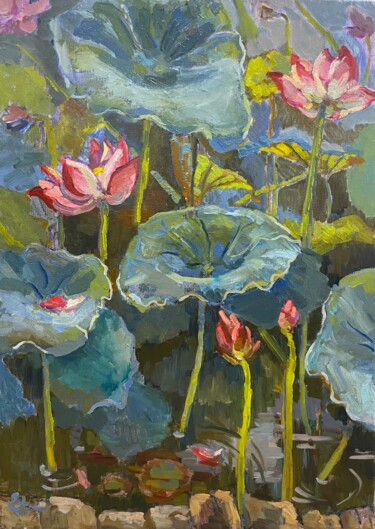 Painting titled "Lotus - blooming be…" by Tomileka, Original Artwork, Oil
