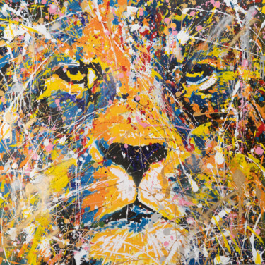 Schilderij getiteld "LION (multi color e…" door Tomoya Nakano, Origineel Kunstwerk, Olie Gemonteerd op Frame voor houten bra…