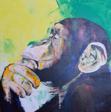 Painting titled "Monkey" by Tomoya Nakano, Original Artwork, Oil Mounted on Wood Stretcher frame
