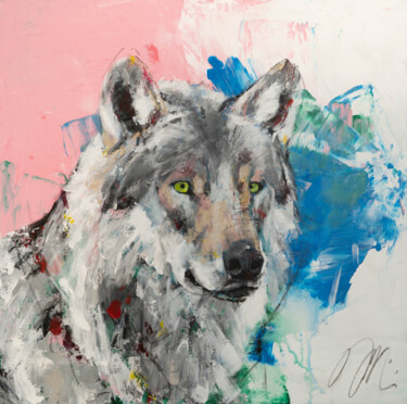 Painting titled "Wolf" by Tomoya Nakano, Original Artwork, Oil Mounted on Wood Stretcher frame