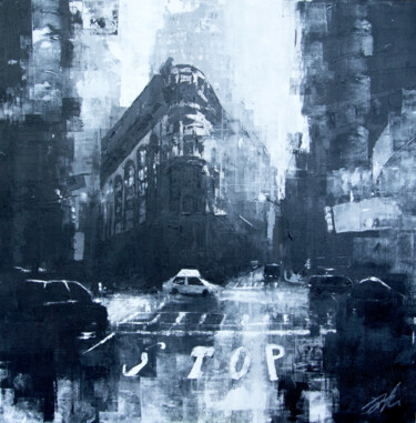 Painting titled "City scape composit…" by Tomoya Nakano, Original Artwork, Spray paint Mounted on Wood Stretcher frame