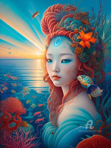 Digitale Kunst getiteld "Japanese mermaid" door Toni Barca, Origineel Kunstwerk, AI gegenereerde afbeelding