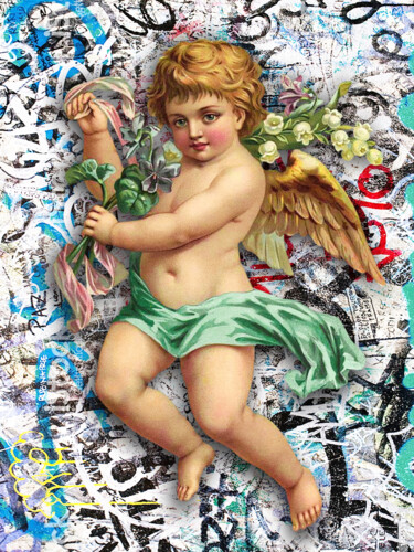 Painting titled "Cupid Cherub Graffi…" by Tony Rubino, Original Artwork, Acrylic Mounted on Wood Stretcher frame