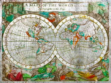 Картина под названием "Vintage World Map R…" - Tony Rubino, Подлинное произведение искусства, Акрил Установлен на Деревянная…
