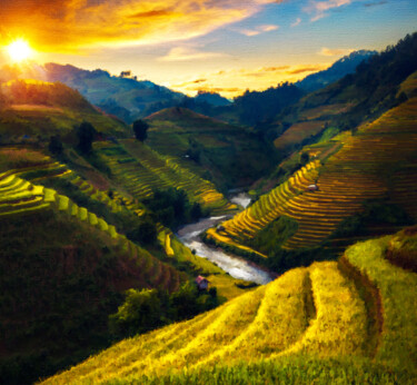 Картина под названием "China Rice Fields M…" - Tony Rubino, Подлинное произведение искусства, Акрил Установлен на Деревянная…