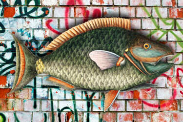 Schilderij getiteld "Graffiti Fish Fishi…" door Tony Rubino, Origineel Kunstwerk, Acryl Gemonteerd op Frame voor houten bran…