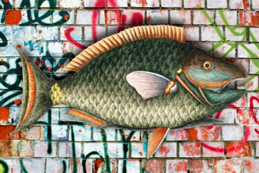 Painting titled "Graffiti Fish Fishi…" by Tony Rubino, Original Artwork, Acrylic Mounted on Wood Stretcher frame