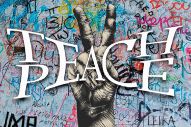 「Teach Peace Toleran…」というタイトルの絵画 Tony Rubinoによって, オリジナルのアートワーク, アクリル ウッドストレッチャーフレームにマウント