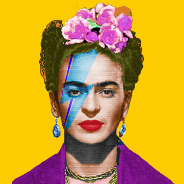 「Frida Kahlo Andy Wa…」というタイトルのコラージュ Tony Rubinoによって, オリジナルのアートワーク, コラージュ ウッドストレッチャーフレームにマウント