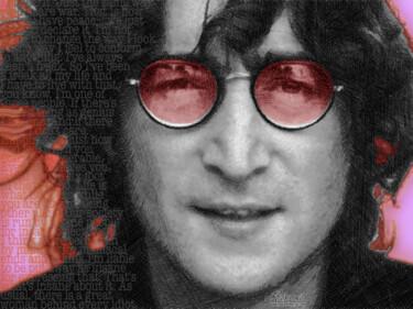 「Imagine John Lennon…」というタイトルのコラージュ Tony Rubinoによって, オリジナルのアートワーク, コラージュ ウッドストレッチャーフレームにマウント