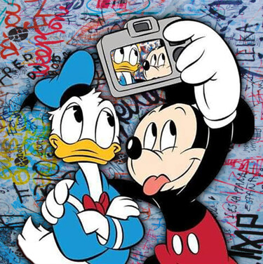 Painting titled "Donald Duck And Mic…" by Tony Rubino, Original Artwork, Acrylic Mounted on Wood Stretcher frame