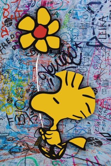 Schilderij getiteld "Snoopy And Woodstoc…" door Tony Rubino, Origineel Kunstwerk, Acryl Gemonteerd op Frame voor houten bran…