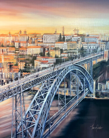 Schilderij getiteld "Porto Sunset" door Tonya Seiler, Origineel Kunstwerk, Olie Gemonteerd op Frame voor houten brancard