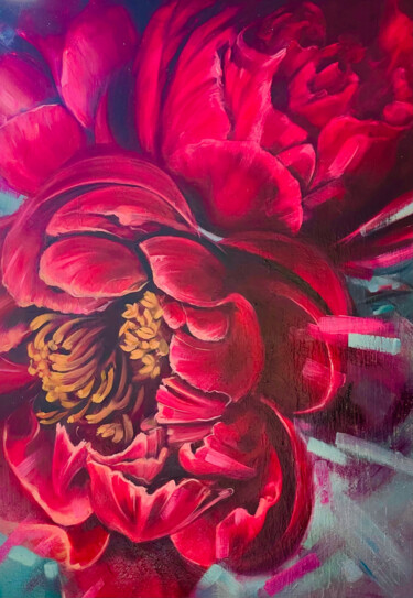 Painting titled "Deep Fushia Peonies" by Tonya Seiler, Original Artwork, Oil Mounted on Wood Stretcher frame