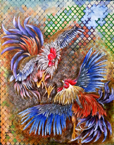 Schilderij getiteld "Cockfight 2" door Miriam Besa, Origineel Kunstwerk, Olie