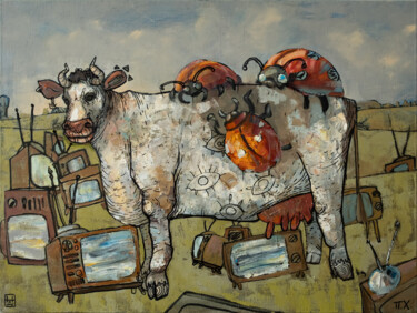Schilderij getiteld "Terrible cow" door Tot_chuvak, Origineel Kunstwerk, Acryl Gemonteerd op Frame voor houten brancard