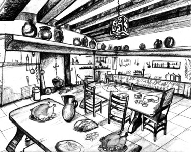 Dessin intitulée "kitchen" par Cesar Aguilar (Raçe), Œuvre d'art originale, Crayon