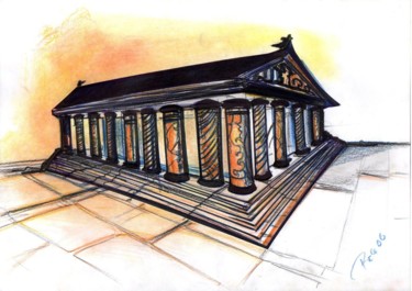 Drawing titled "Greek Temple" by Cesar Aguilar (Raçe), Original Artwork, Pencil