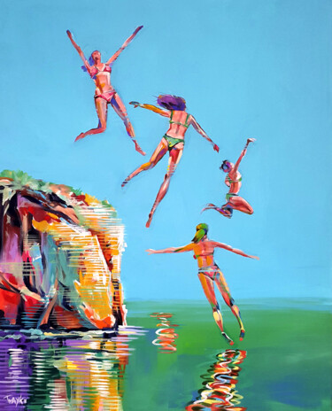 Painting titled "Jumping off a rock.…" by Trayko Popov, Original Artwork, Acrylic Mounted on Wood Stretcher frame