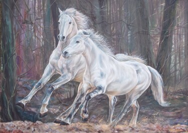 Malerei mit dem Titel "The wild horses in…" von Katerina Evgenieva, Original-Kunstwerk, Öl