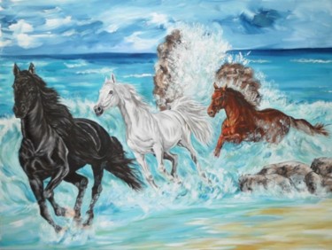 Painting titled "Horses in to the sea" by Katerina Evgenieva, Original Artwork