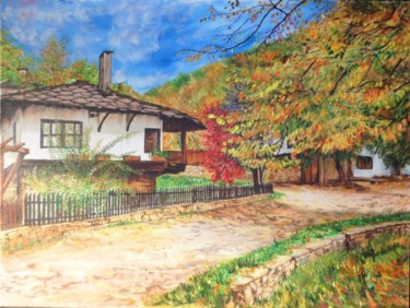 Painting titled "House in Autumn" by Katerina Evgenieva, Original Artwork, Oil