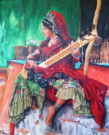 Schilderij getiteld "Indian musician gir…" door Katerina Evgenieva, Origineel Kunstwerk, Olie