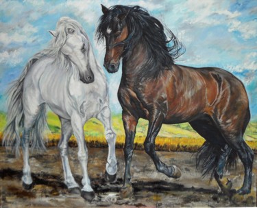 Schilderij getiteld "Couple horses to th…" door Katerina Evgenieva, Origineel Kunstwerk, Olie