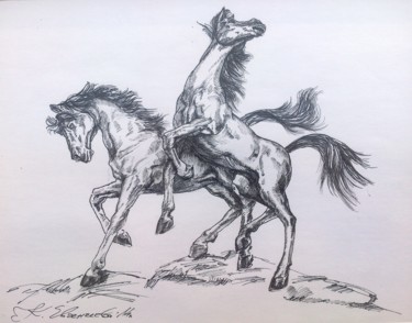 Tekening getiteld "Horses play" door Katerina Evgenieva, Origineel Kunstwerk, Inkt