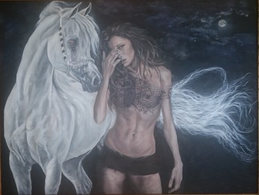 Painting titled "Woman with horse-mo…" by Katerina Evgenieva, Original Artwork, Oil