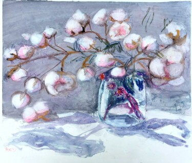 Painting titled "Cotton Stone Flowers" by Trudy Colette, Original Artwork, Watercolor
