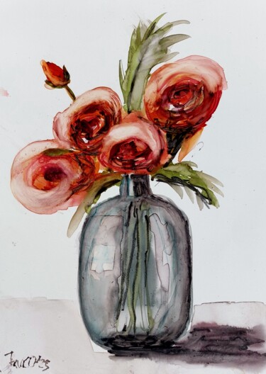 Peinture intitulée "Flowers in Bottle" par Trudy Colette, Œuvre d'art originale, Aquarelle