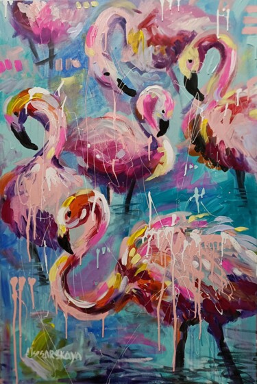 Malarstwo zatytułowany „Pink Flamingo” autorstwa Aliaksandra Tsesarskaya, Oryginalna praca, Akryl