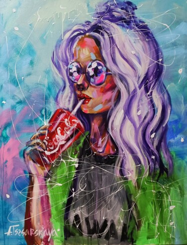 Malerei mit dem Titel "Girl with Coca-Cola" von Aliaksandra Tsesarskaya, Original-Kunstwerk, Acryl Auf Keilrahmen aus Holz m…