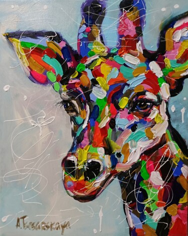 Painting titled "Giraffe colorful po…" by Aliaksandra Tsesarskaya, Original Artwork, Acrylic Mounted on Wood Stretcher frame