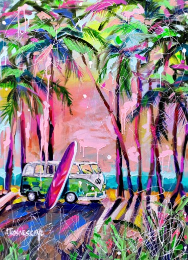 Painting titled "Joy - caravan hippi…" by Aliaksandra Tsesarskaya, Original Artwork, Acrylic Mounted on Wood Stretcher frame