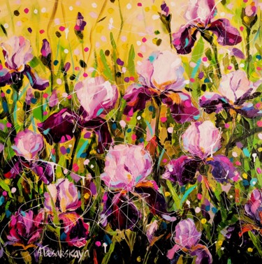 Malerei mit dem Titel "Irises field - wild…" von Aliaksandra Tsesarskaya, Original-Kunstwerk, Acryl Auf Keilrahmen aus Holz…