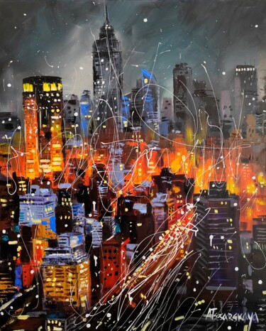 Malarstwo zatytułowany „New York in night l…” autorstwa Aliaksandra Tsesarskaya, Oryginalna praca, Akryl Zamontowany na Drew…