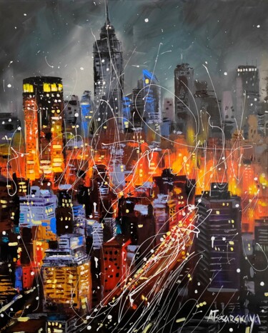 Painting titled "New York in night l…" by Aliaksandra Tsesarskaya, Original Artwork, Acrylic Mounted on Wood Stretcher frame