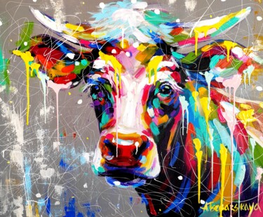 Ζωγραφική με τίτλο "Colorful cow portra…" από Aliaksandra Tsesarskaya, Αυθεντικά έργα τέχνης, Ακρυλικό Τοποθετήθηκε στο Ξύλι…