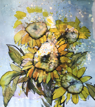 Картина под названием "подсолнухи" - Татьяна Шутова, Подлинное произведение искусства, Ткань Установлен на картон