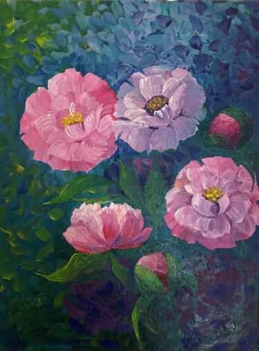 Painting titled "Peonies" by Ulada Ramanovich Hicheri, Original Artwork, Oil Mounted on Wood Panel