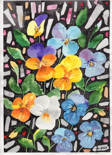 Картина под названием "Pansy flowers" - Юлия Нагорная, Подлинное произведение искусства, Акварель